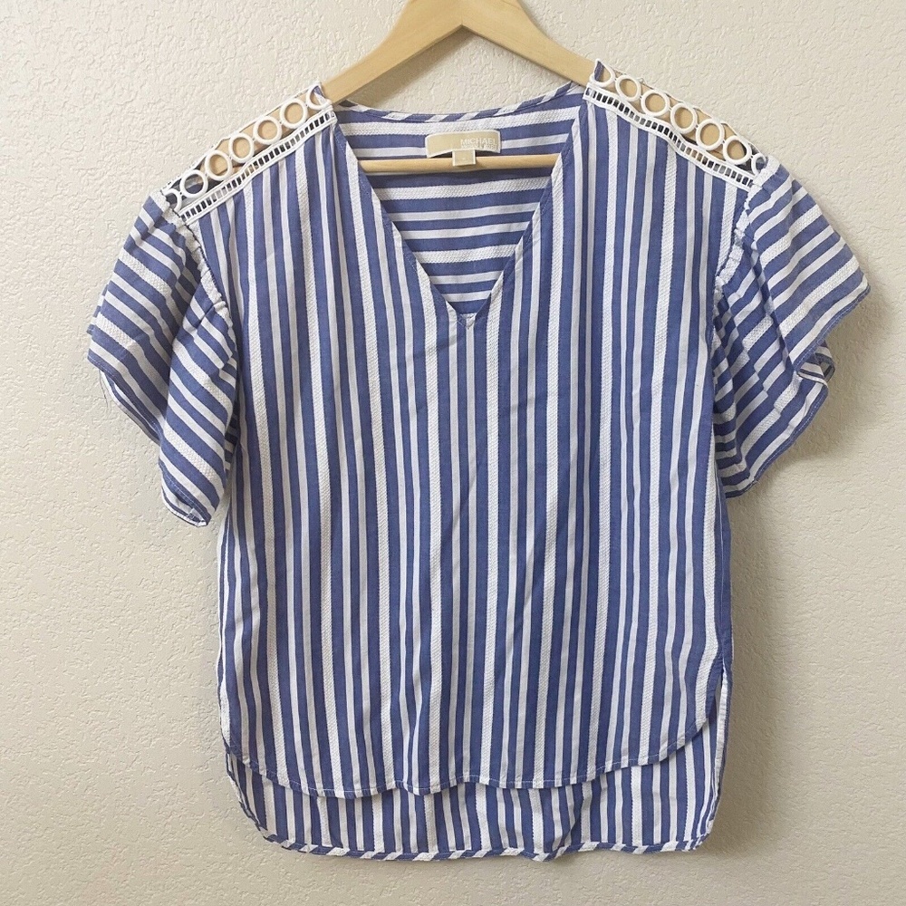 MICHAEL Michael Kors Blouse Top Size Small Blue White Striped Ruffle Sleeve